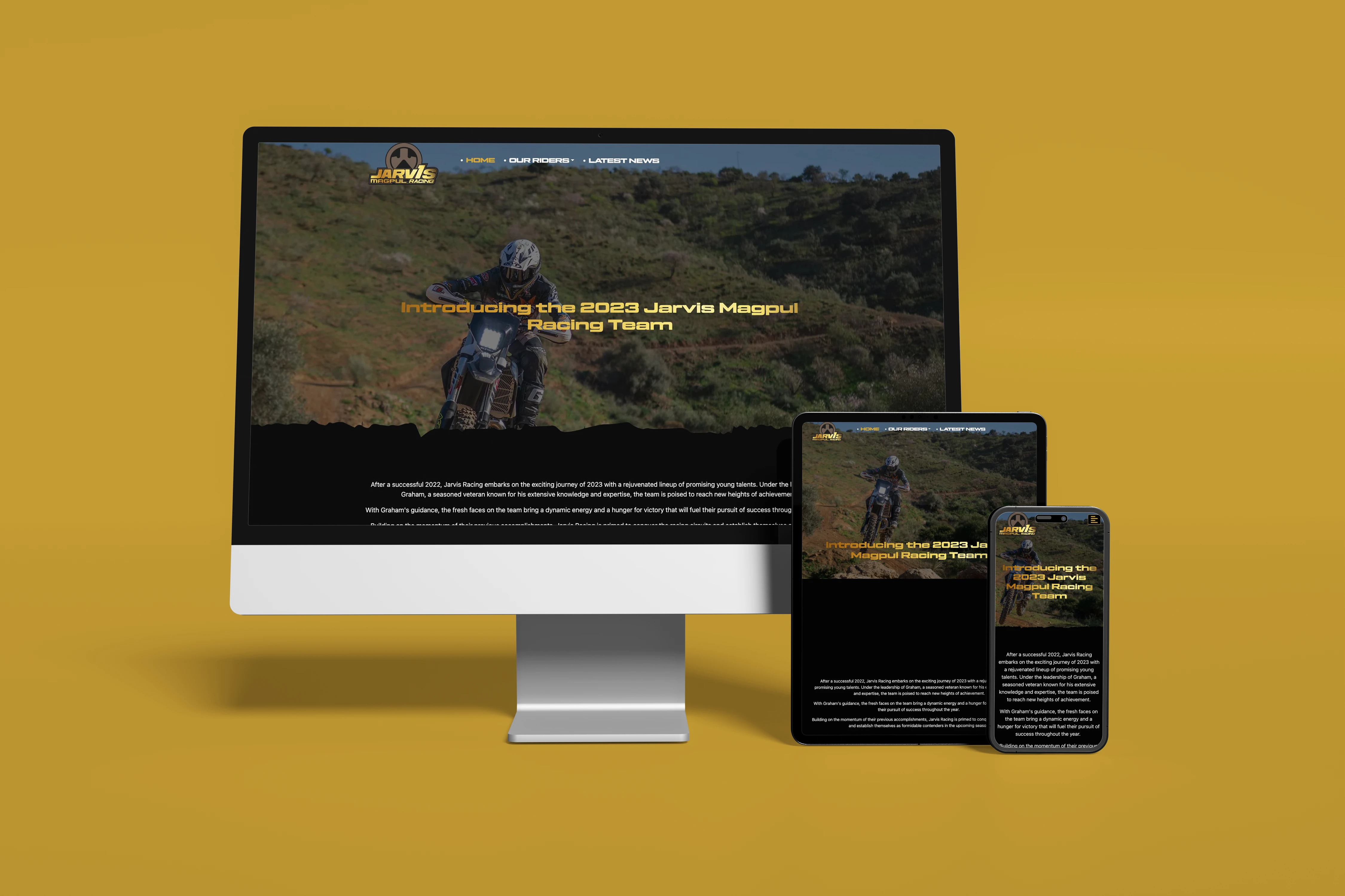 Jarvis Racing website displayed on desktop, tablet and mobile devices against its brand-coloured background.