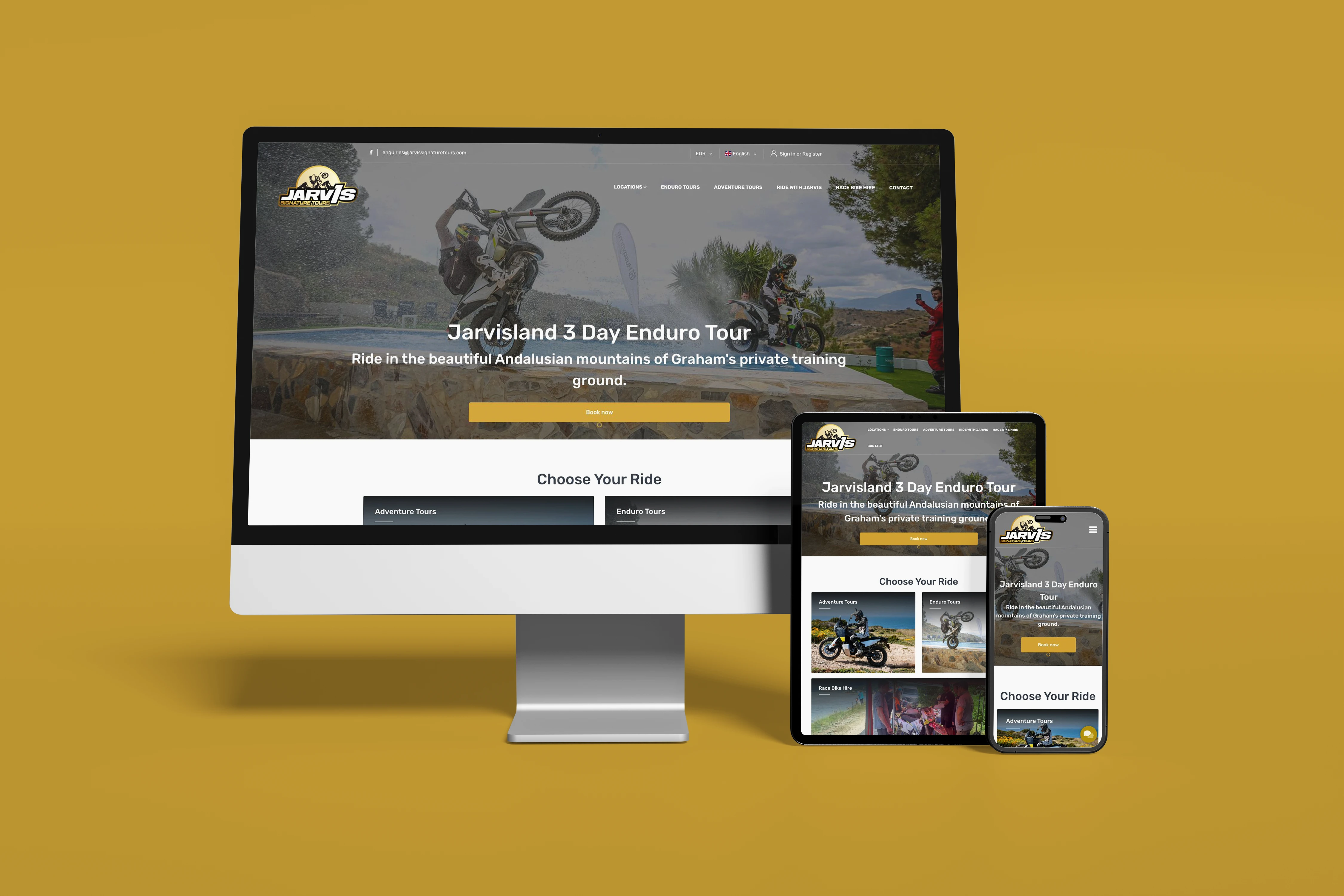 Jarvis Signature Tours website displayed on desktop, tablet and mobile devices against its brand-coloured background.