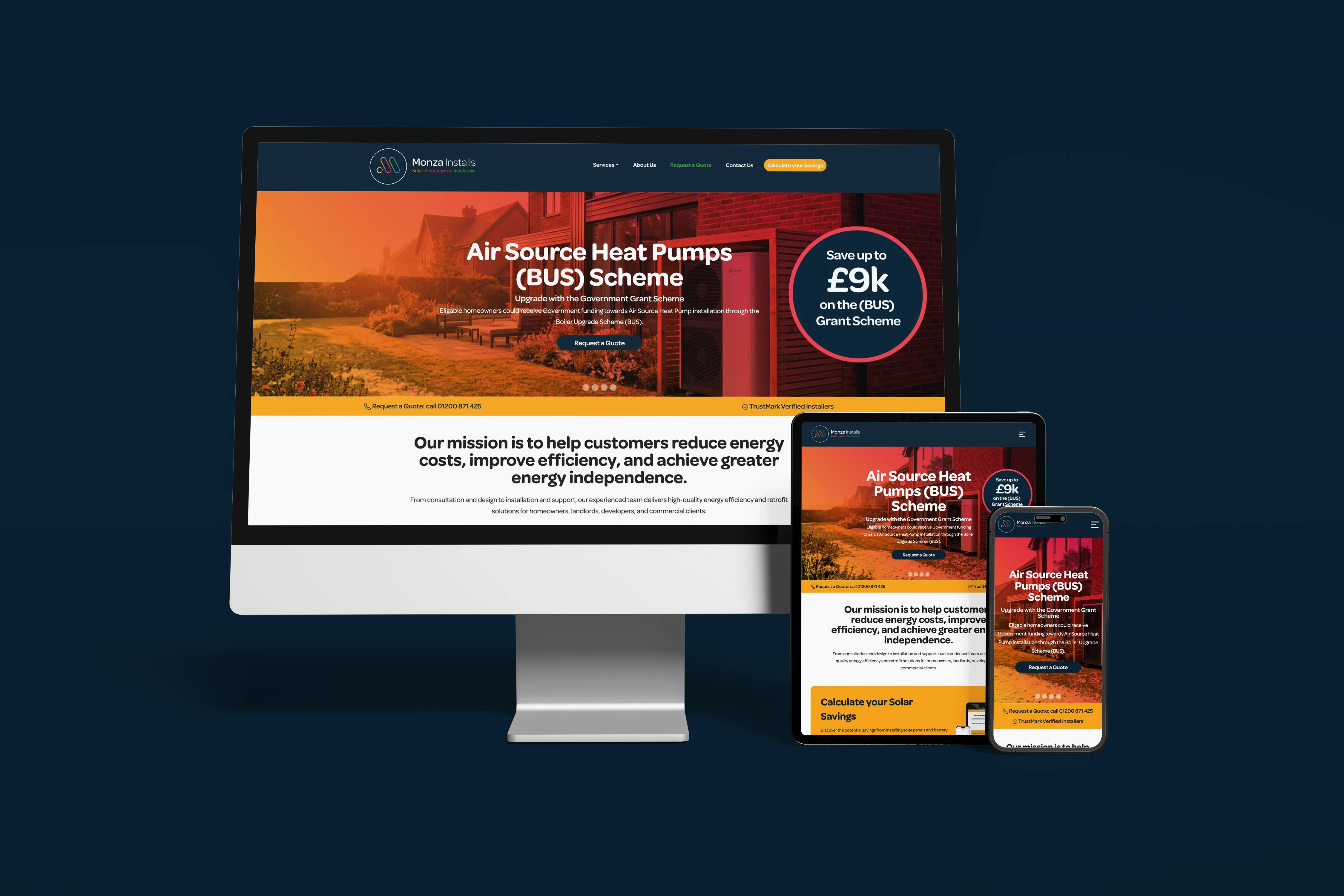 Monza Installs website displayed on desktop, tablet and mobile devices against its brand-coloured background.