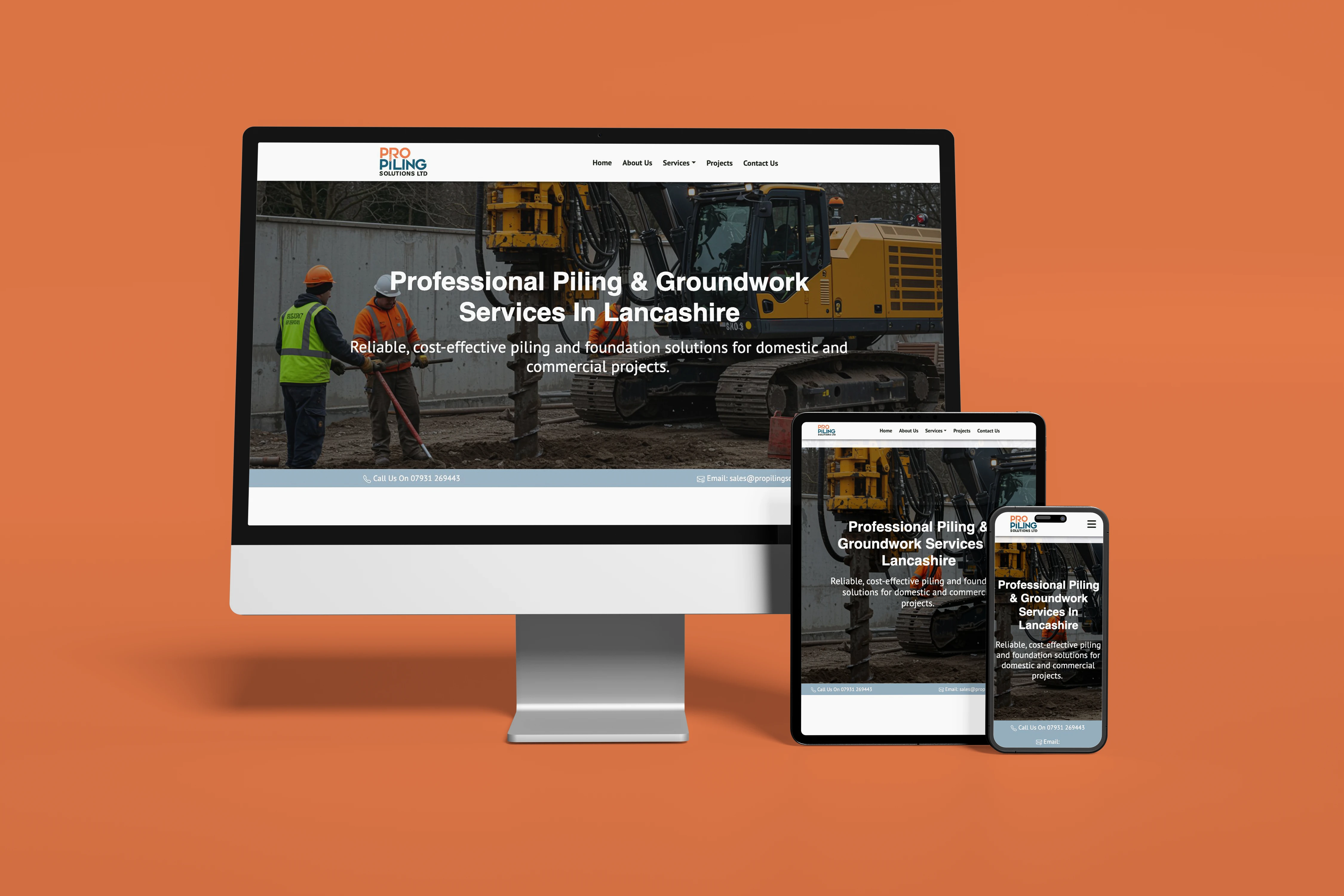 Pro Piling Solutions website displayed on desktop, tablet and mobile devices against its brand-coloured background.
