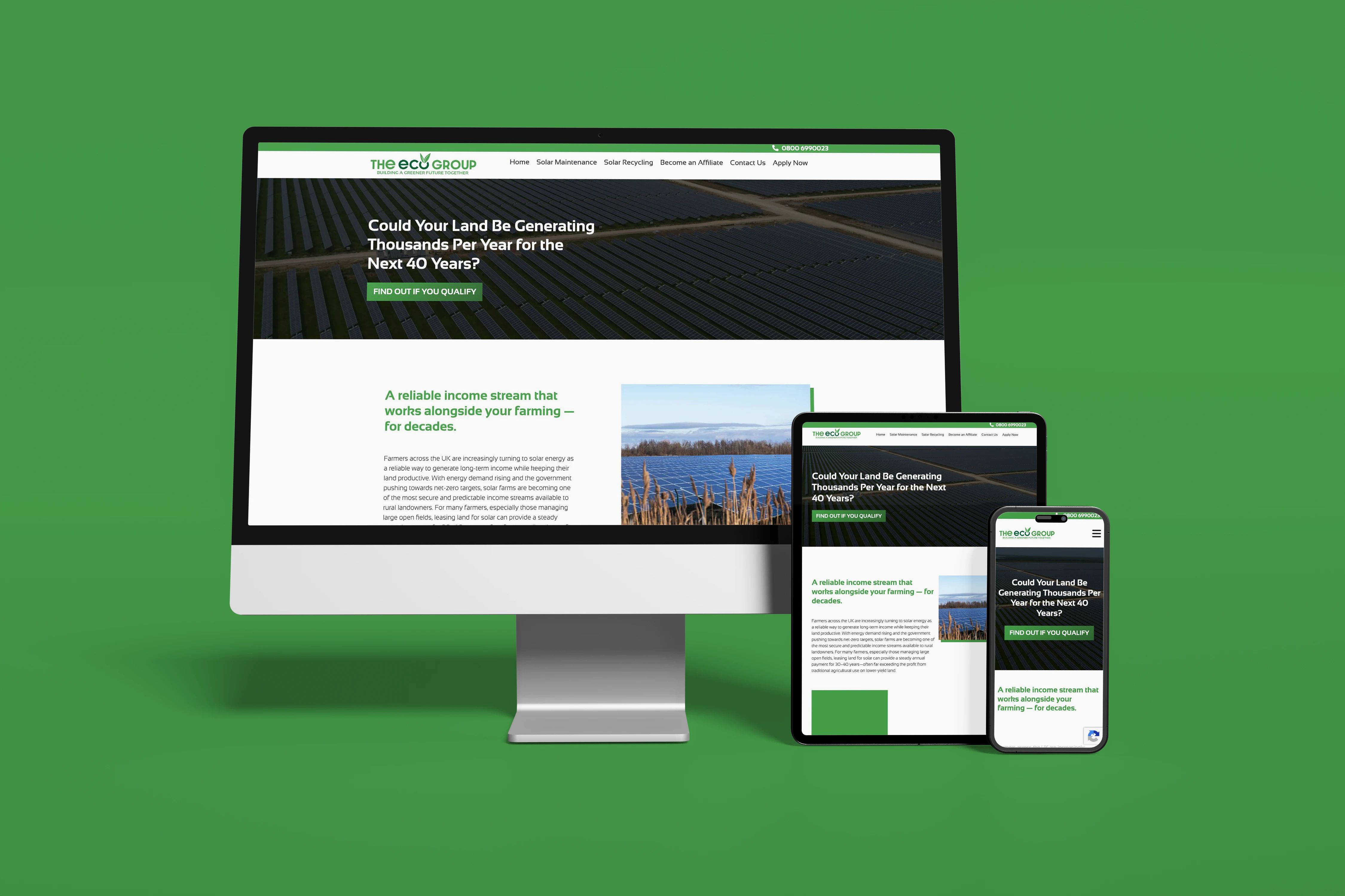 The Eco Group website displayed on desktop, tablet and mobile devices against its brand-coloured background.