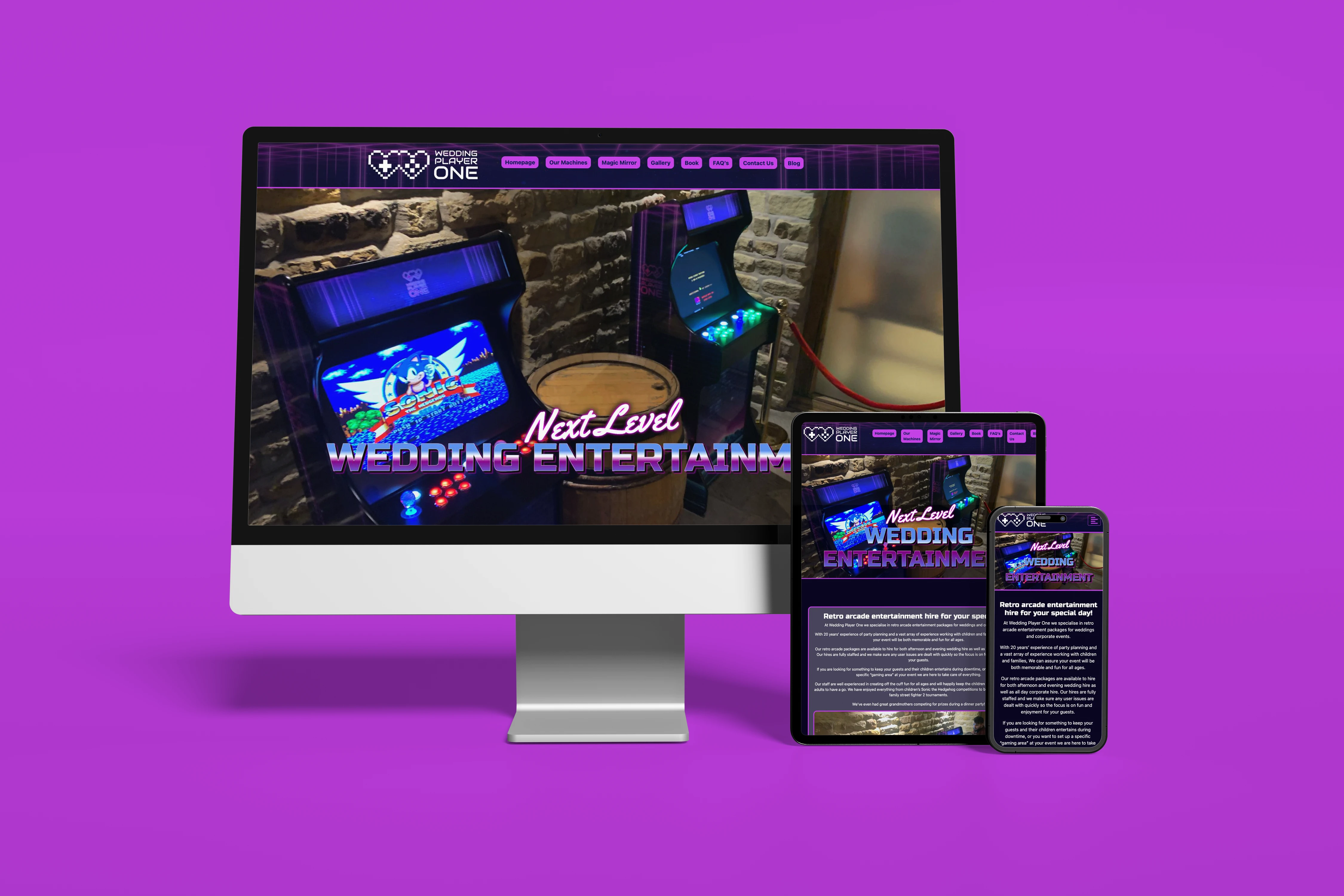 Wedding Player One website displayed on desktop, tablet and mobile devices against its brand-coloured background.