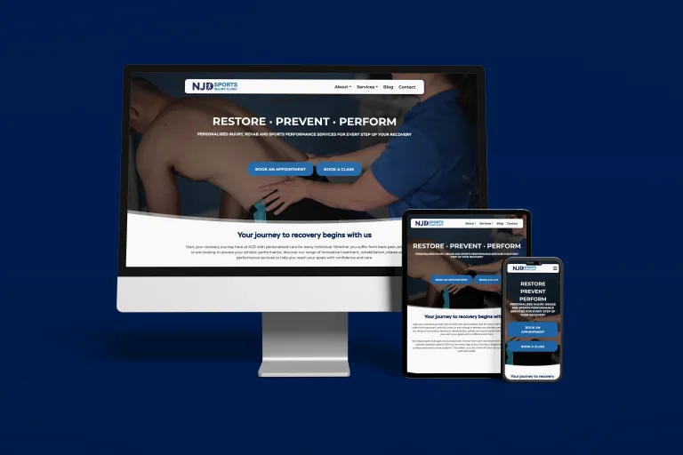NJD Sports website displayed on desktop, tablet and mobile devices against its brand-coloured background.